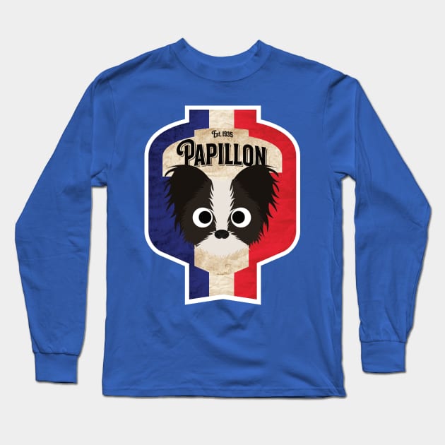 Papillon - Distressed French Butterfly Dog Beer Label Design Long Sleeve T-Shirt by DoggyStyles
